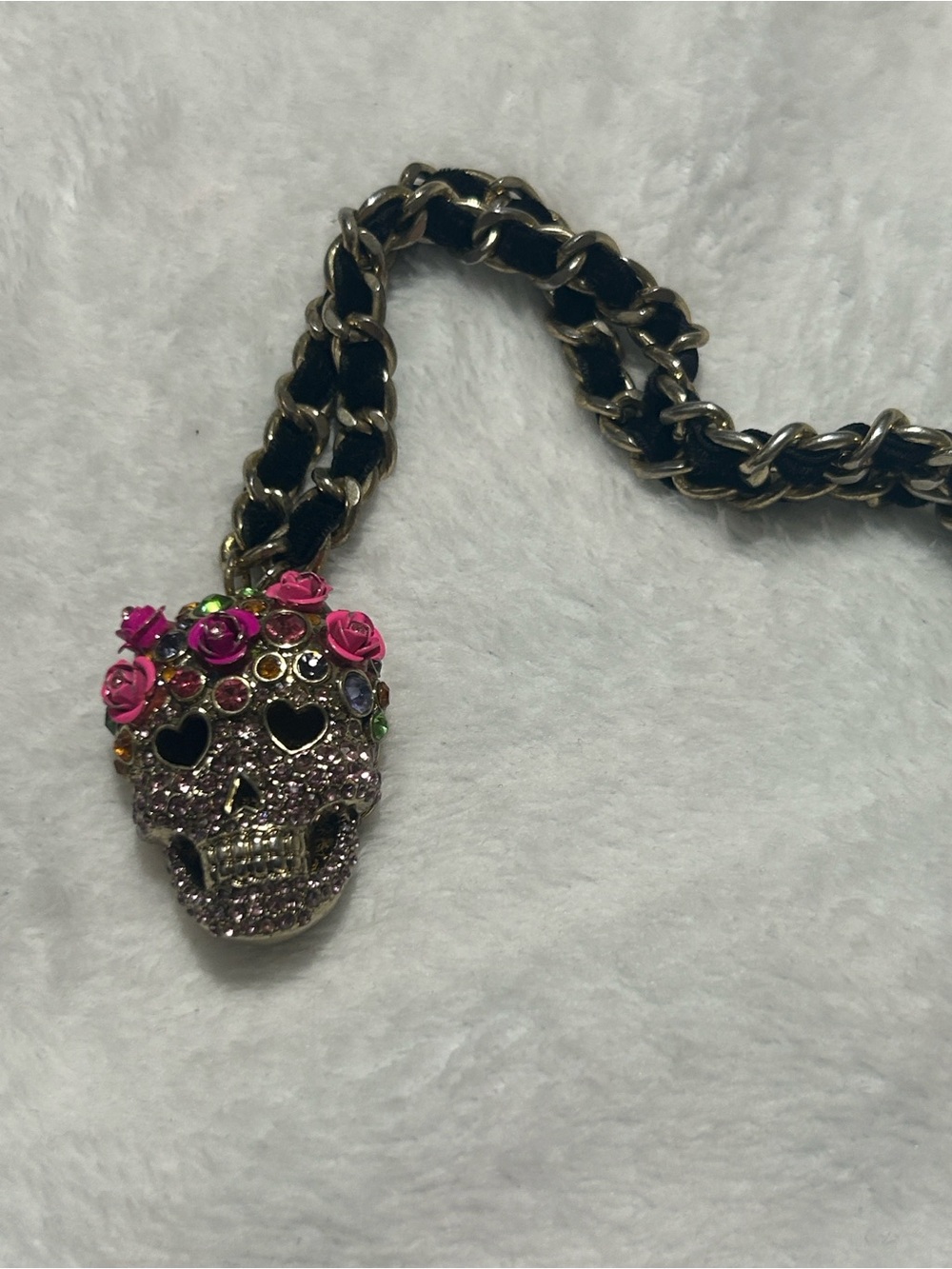 Betsey Johnson Pink Crystal Skull Necklace with Black-and-Gold Chain